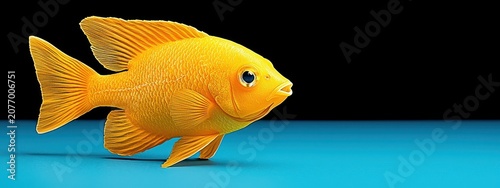 Pixelated Gold Fish with Scales Swimming on a Blue Surface Against Black Background