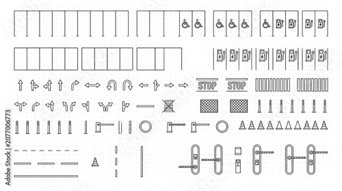 Architectural Parking and Traffic Symbol Vector Library with Top View Site Plan Icons, Road Marking CAD Blocks and Urban Design Elements