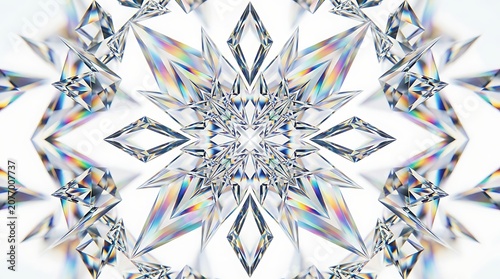 Symmetrical crystal star pattern with rainbow light refraction