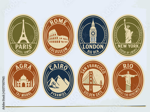 Canvas Print Vintage Travel Stickers Featuring World Famous Landmark Icons for Global Tourism