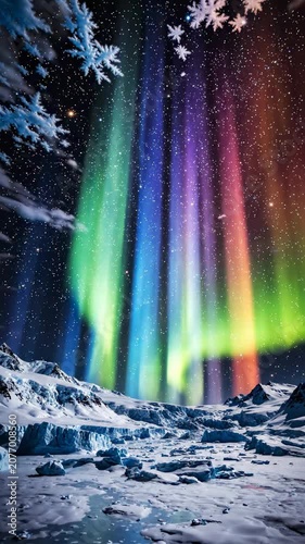 Vibrant aurora borealis display in snowy landscape.