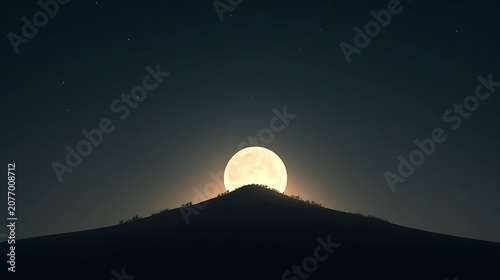 Full Moon Rising Over Mountain Peak Silhouette.