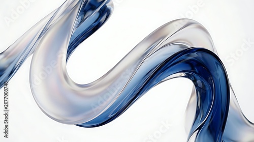 Abstract blue and clear flowing liquid ribbons on white