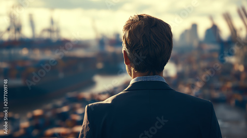 A professional man contemplating the busy port, symbolizing trade and opportunity on a vibrant skyline.