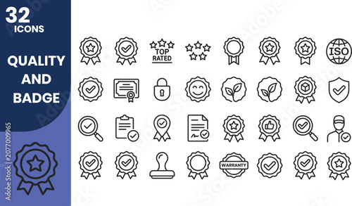 Professional quality and badge line icon set featuring certification, verification, approval, awards, warranty, quality assurance, trust seals, customer satisfaction, and compliance symbols.