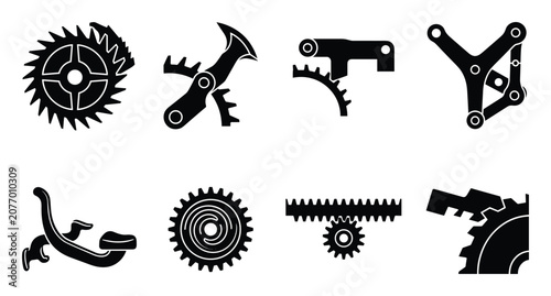 Typewriter escapement wheels gears and mechanical linkage icons set
