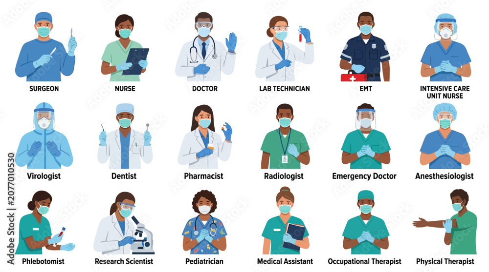 Fototapeta premium Diverse healthcare professionals wearing masks and personal protective equipment, showcasing medical expertise and dedication across various specialties in a bright, clean, flat design.