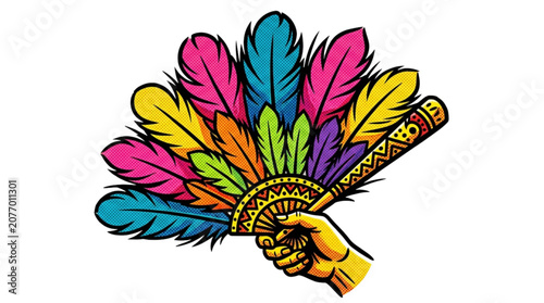 Colorful feather fan held by hand with intricate design  