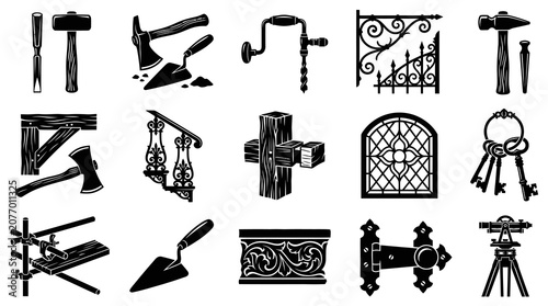 Black and White Stock Icons: Vintage Tools, Hardware, and Architecture Elements