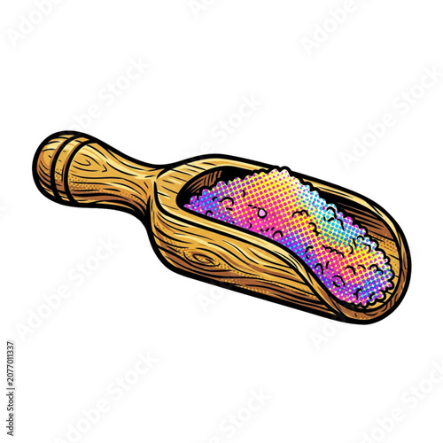 Wooden scoop filled with colorful bath salts in artistic style  
