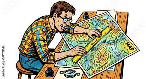 Cartographer measuring detailed topographic map with ruler at desk  