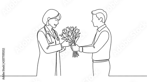 Doctor receiving flowers from patient in minimal line art style  