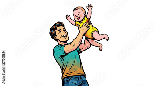 Father lifting baby in joyful celebration with colorful background  