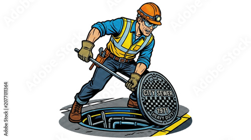 Construction worker lifting manhole cover in urban environment  