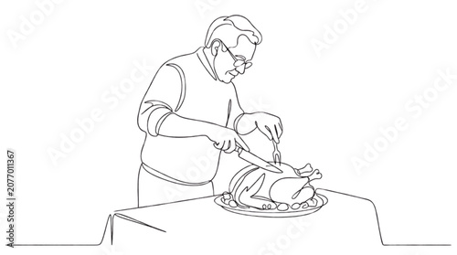 Elderly man carving turkey on dining table in minimalist kitchen style  