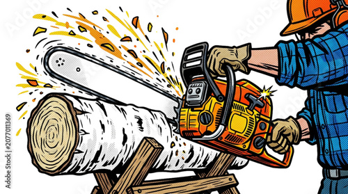 Man using chainsaw to cut birch log with sparks flying  