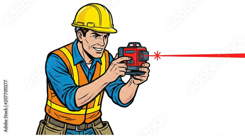 Construction worker operating laser level with focused expression  