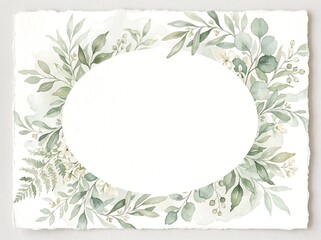 Elegant watercolor botanical frame with green leaves and branches surrounding an empty oval space, perfect for invitations or greetings.