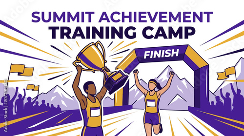 Summit Achievement Training Camp Victory With Trophy And Finish Line Banner