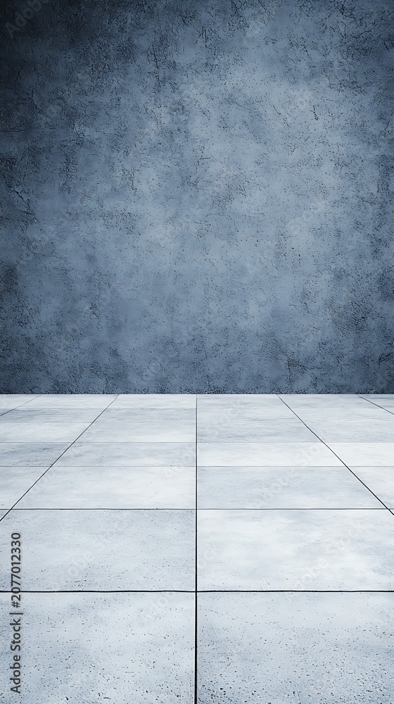 Fototapeta premium Modern, Minimalist Blue Wall with White Tile Floor, Empty Space for Display or Background Use