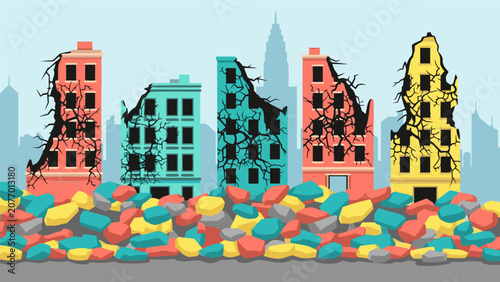 Tableau sur toile A catastrophic event destroys buildings amidst colorful debris in an urban environment