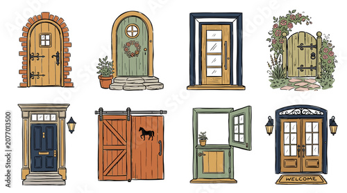 Collection of diverse architectural doorway and entrance designs with rustic and modern styles