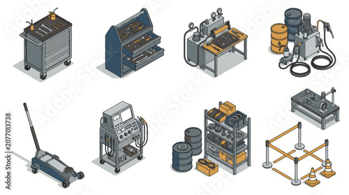 Isometric illustration of various industrial tools and equipment, including a toolbox, car jack, and storage shelves.