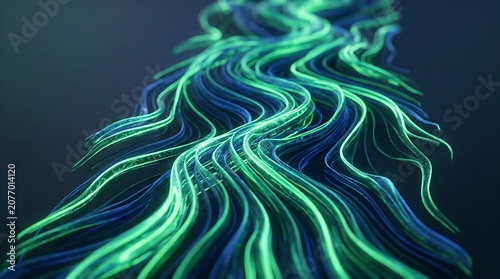 Abstract glowing fiber optic data streams flowing in dark space