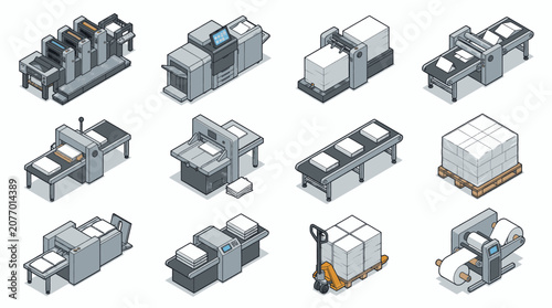 Foto Set of isometric icons representing printing industry equipment and processes