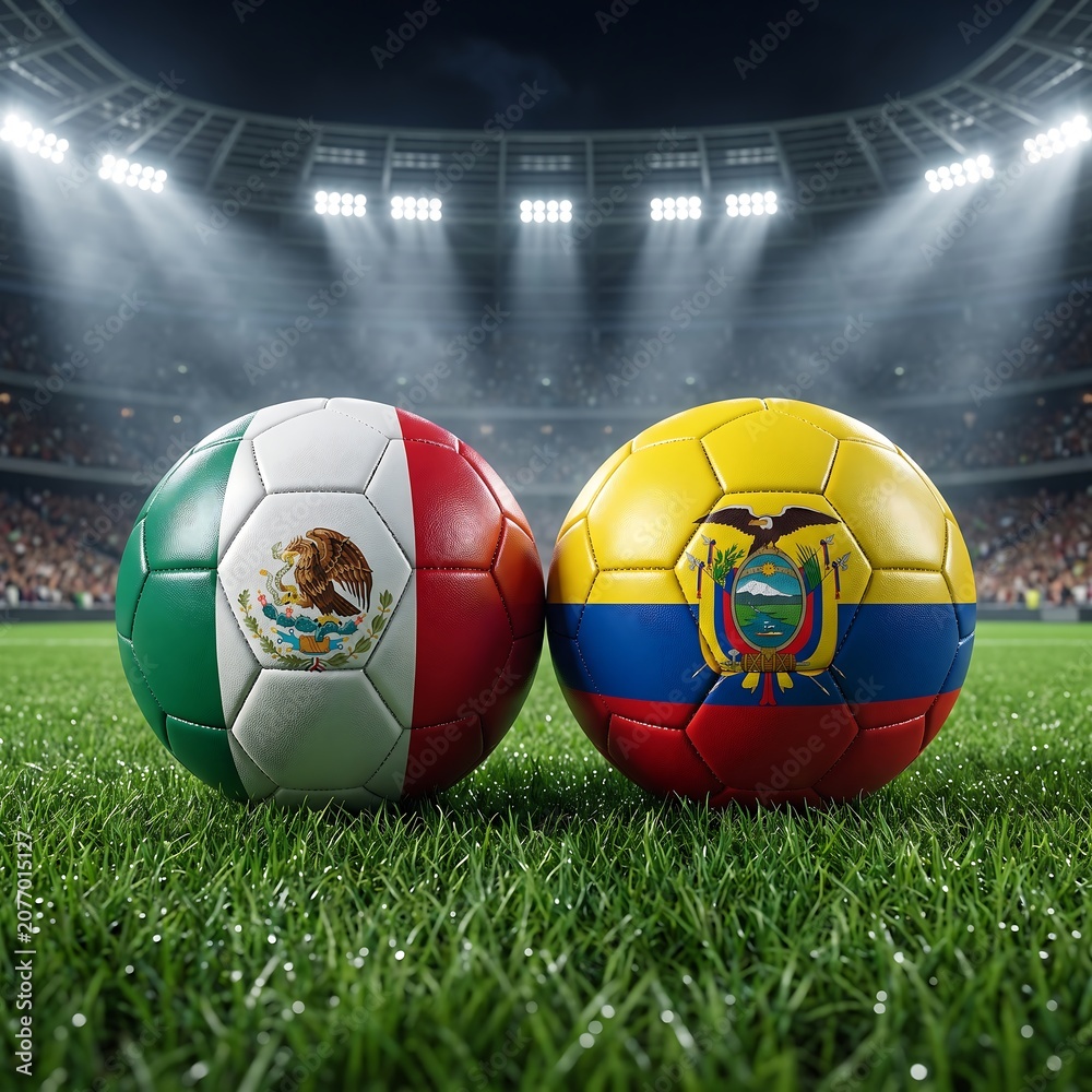 Obraz premium Soccer balls with mexico and ecuador flags on a stadium grass field