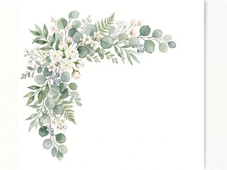 Elegant watercolor corner arrangement featuring eucalyptus leaves, delicate white flowers, and subtle blue berries, perfect for wedding invitations or decorative borders.