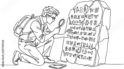 Konstfotografi Archaeologist examines ancient hieroglyphs on stone tablet with magnifying glass