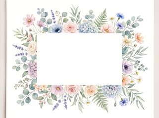 Elegant watercolor floral frame with pastel flowers and green foliage, perfect for invitations or decorative borders.