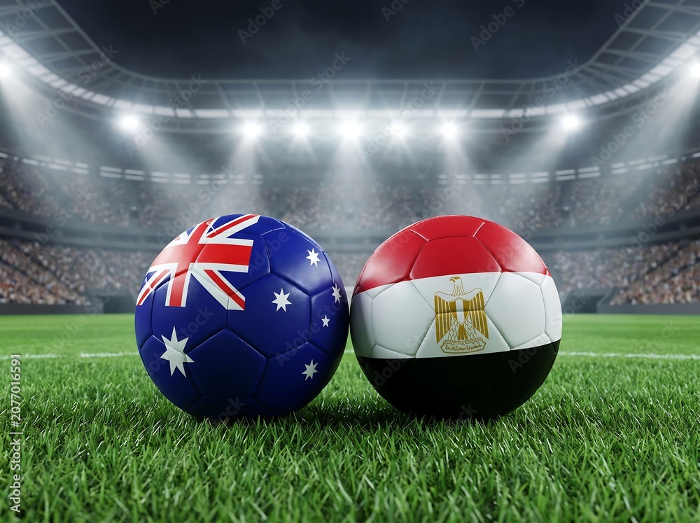 Obraz premium Soccer balls with flags of australia and egypt on a stadium grass field