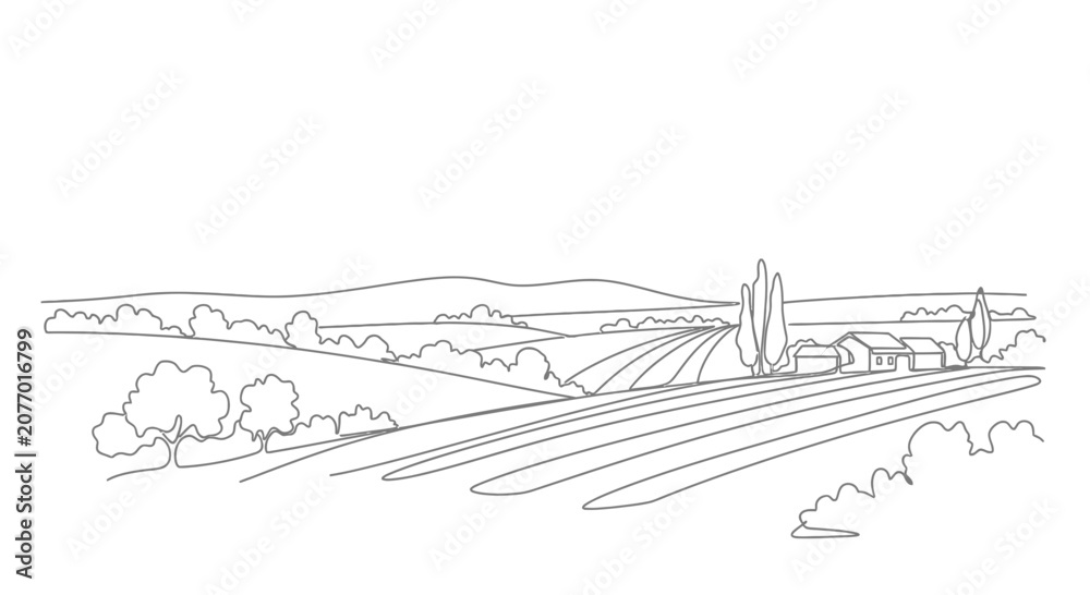 Fototapeta premium Rural Landscape Drawing: Rolling Hills, Farmland, and Village Sketch