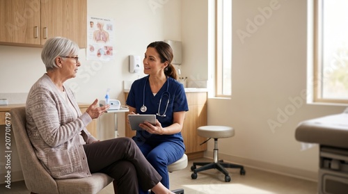 Compassionate Nurse Engaging with Elderly Patient in Modern Healthcare Office Setting During Routine Medical Consultation