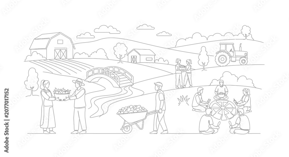 Obraz premium Rural Community Farming Lifestyle, People Working Together in a Scenic Landscape with Barn and Tractor