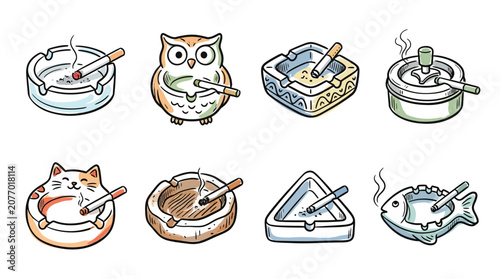 Collection of illustrated ashtrays with lit cigarettes for smoking