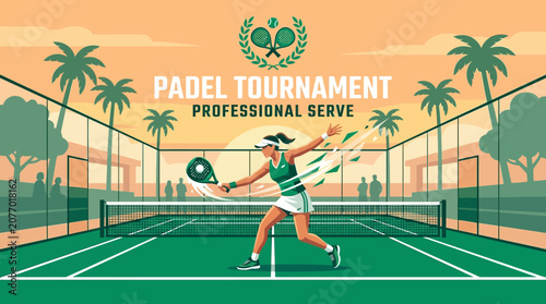 Padel Tournament Professional Serve Action Illustration Tropical Sunset Scene
