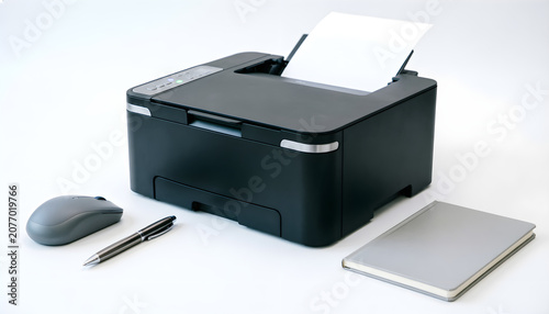 Modern Black Inkjet Printer with Computer Accessories Isolated on White Background