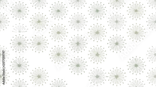 Delicate white dandelion seed heads scattered across a clean white background in a repeating pattern