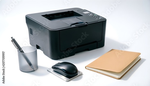 Modern office workspace essentials with laser printer, wireless mouse, notebook, and pen holder on white background
