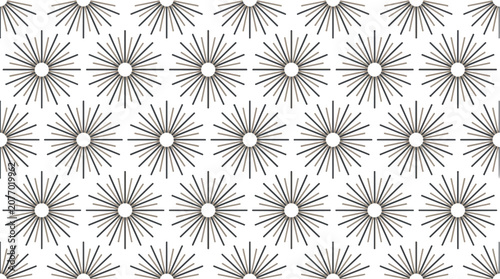 Seamless geometric pattern of stylized sunbursts or starbursts in a repeating grid on a white background