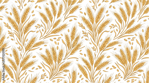 Golden wheat stalks and grains forming a seamless pattern on a white background, representing harvest and agriculture