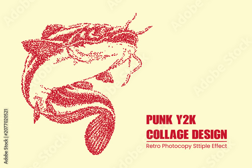 Stipple effect illustration of a catfish, retro punk y2k style graphic design, red dot art on a light cream background, vintage photocopy aesthetic