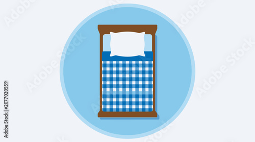 Flat design illustration of a comfortable bed seen from an overhead top view, featuring a blue checkered blanket and a white pillow.