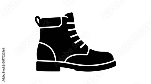 Black silhouette work boot icon, sturdy heavy-duty footwear graphic for outdoor activities, hiking, and construction.