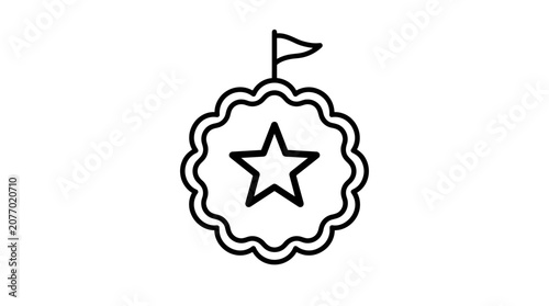 Black and white line art icon of a star badge with a flag, symbolizing achievement, quality, award, success, and premium status.