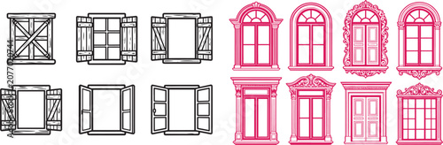 Vector illustration set of rustic wooden windows with shutters and classic ornate architectural frames