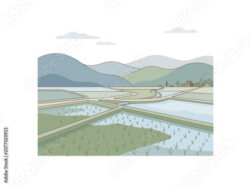 Serene landscape of terraced rice paddies reflecting the sky with rolling hills in the background